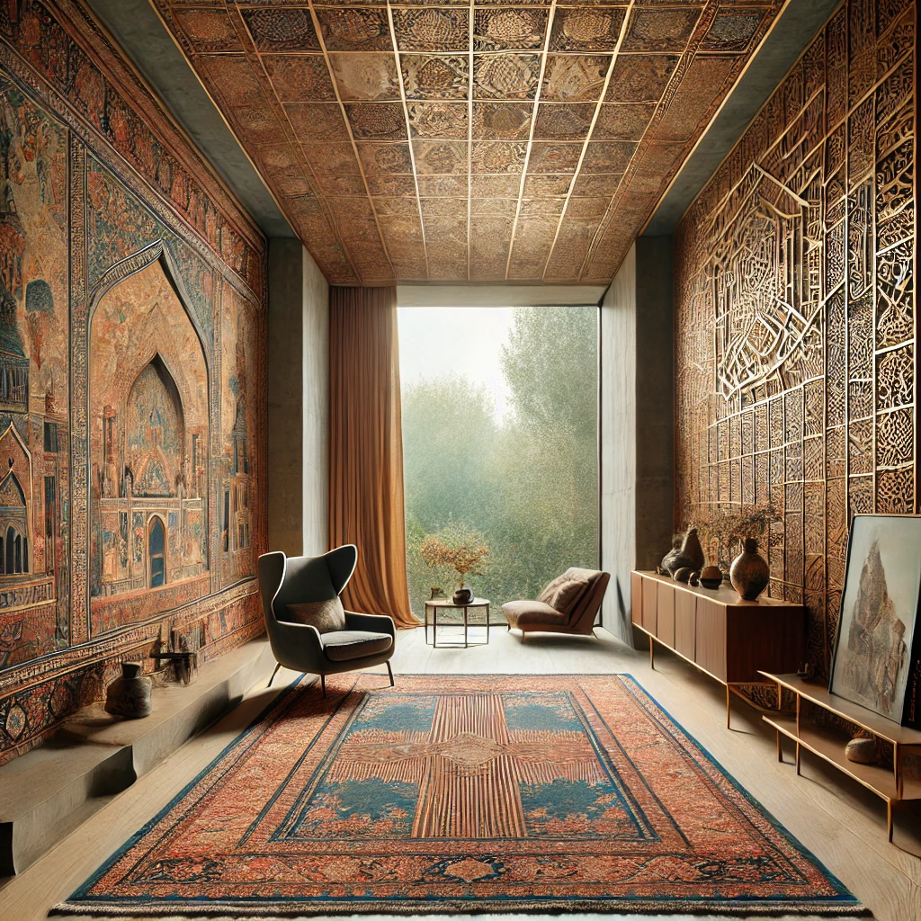 Persian rug paired with modern art pieces.