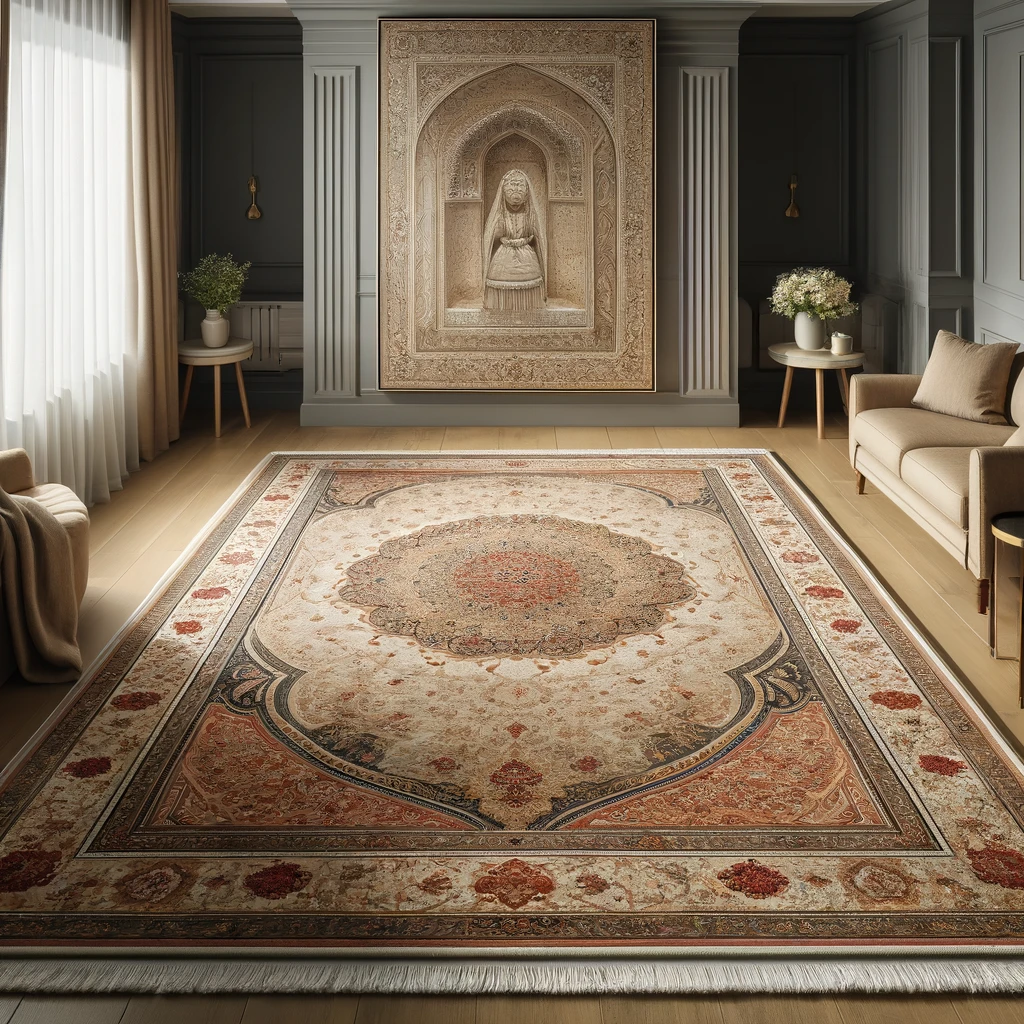  Persian rug taking center stage in a room with neutral walls.