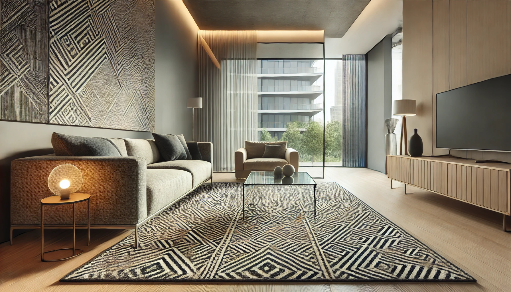 Modern living room with a patterned carpet, sleek sofa, glass coffee table, minimalistic decor, neutral-colored walls, and large windows letting in natural light.