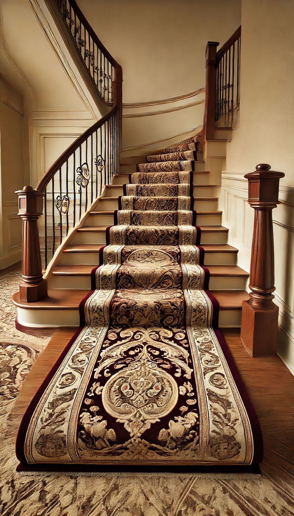 "A classic staircase with a custom carpet runner in rich maroon, featuring intricate paisley designs, wooden railings, and beige walls."