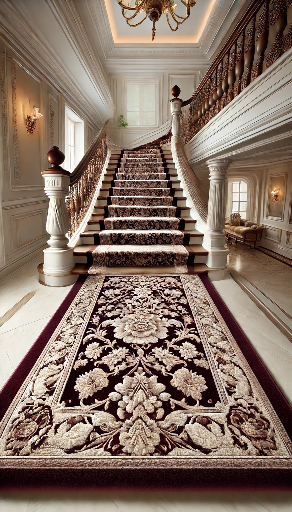 "A luxurious staircase with a custom carpet runner in deep burgundy, featuring intricate floral patterns and elegant wooden railings against white walls."