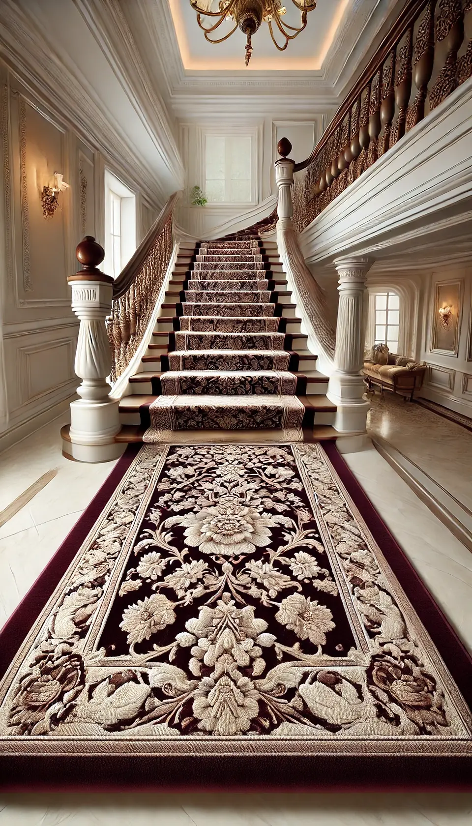 "A luxurious staircase with a custom carpet runner in deep burgundy, featuring intricate floral patterns and elegant wooden railings against white walls."