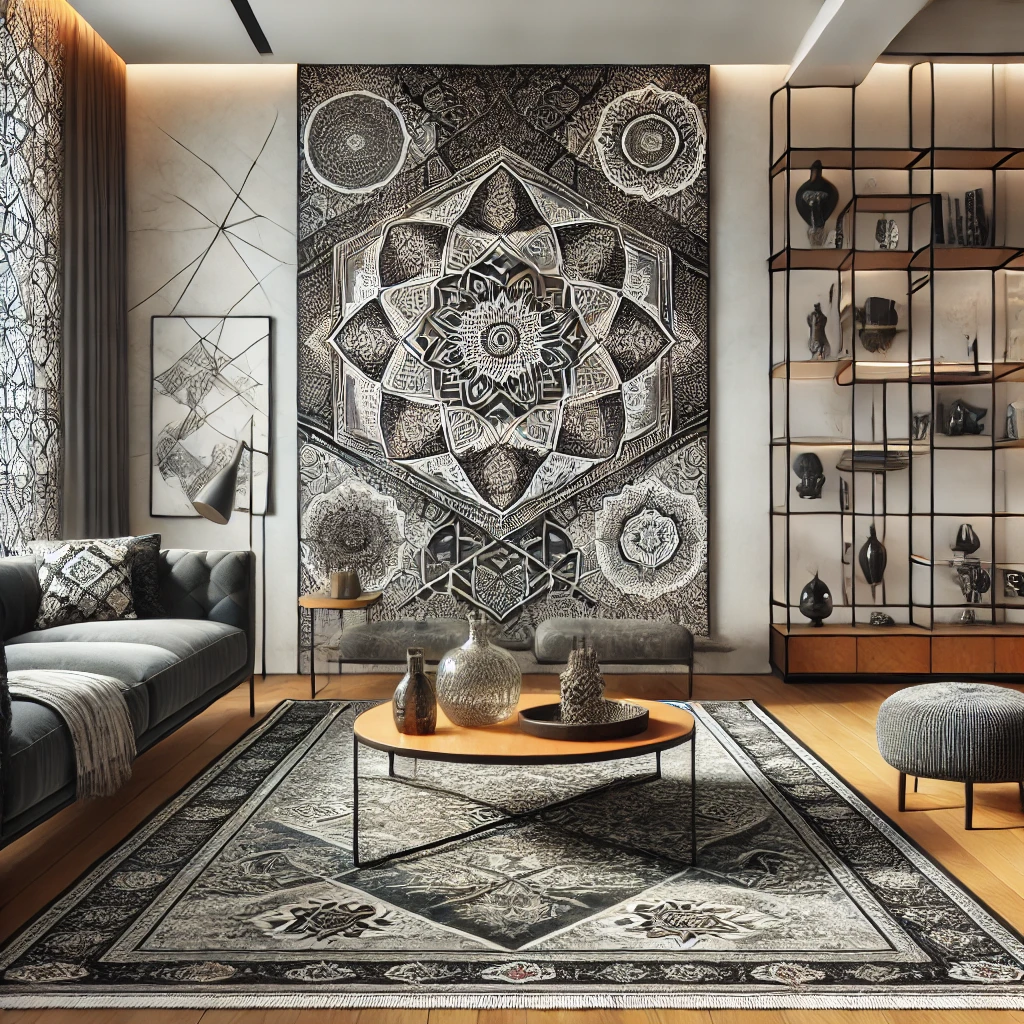  Persian rug with geometric patterns in a modern living room.