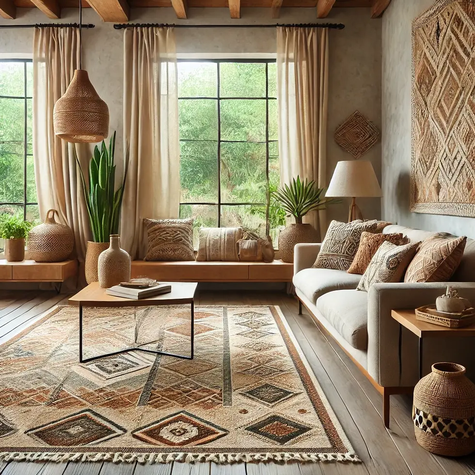 "A cozy living room showcasing a Punja weave carpet with intricate geometric patterns in earthy tones, complemented by a beige sofa, wooden coffee table, indoor plants, and natural light streaming through large windows."