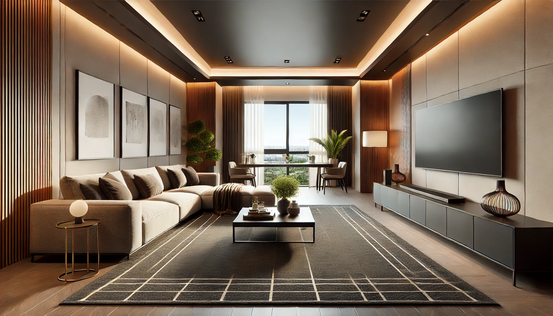 Spacious living room with a dark-colored carpet, large sectional sofa, coffee table, TV stand with flat-screen TV, framed artwork, indoor plants, and a mix of natural and modern lighting.