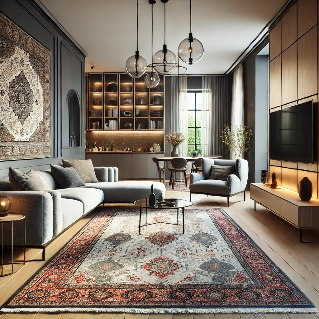 A modern living room featuring a Persian rug and thoughtfully integrated modern furniture. The rug stands out as a timeless focal point, blending traditional and contemporary design elements seamlessly.
