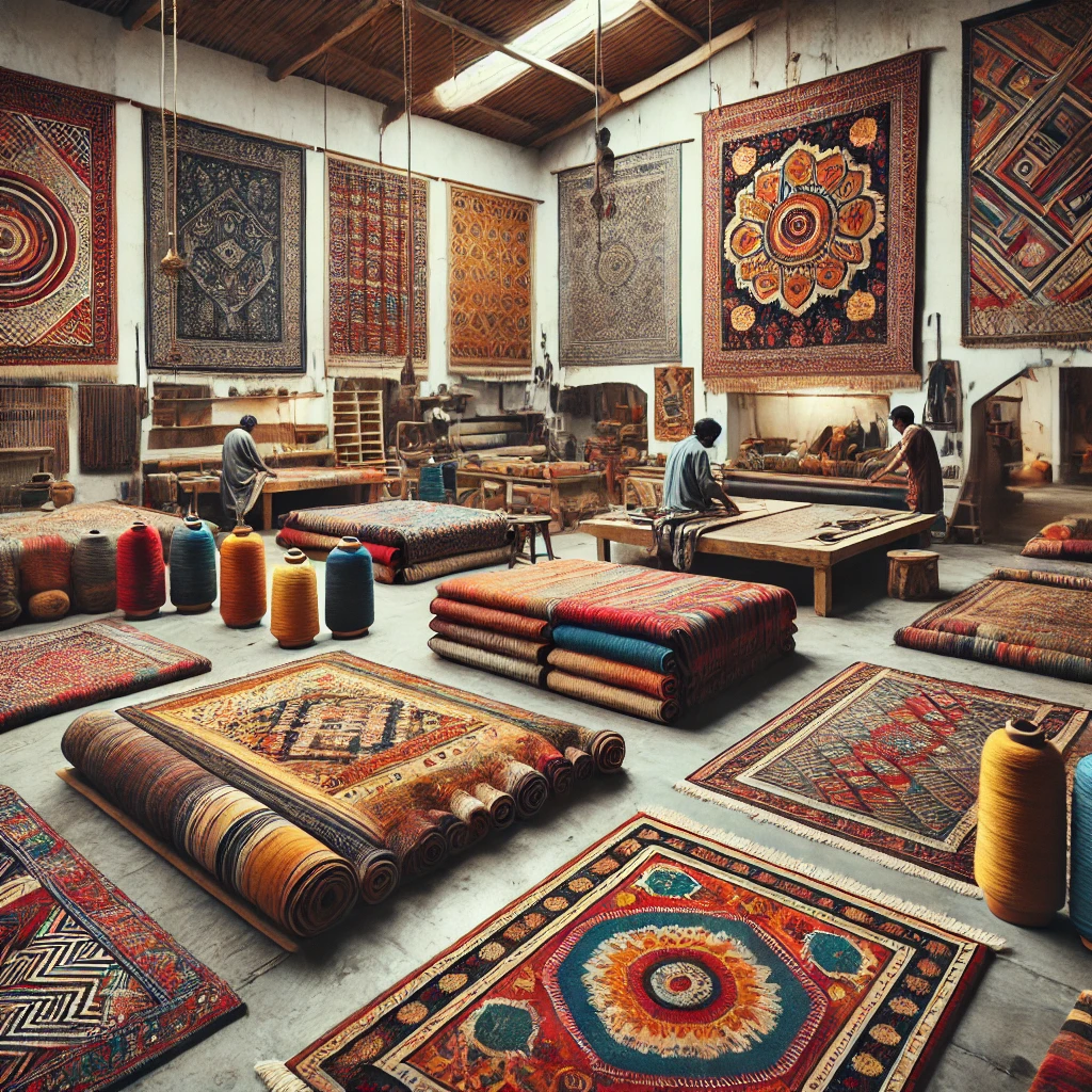 A modern Indian carpet workshop where artisans work on vibrant, bold-patterned carpets featuring both traditional and minimalist designs. The scene includes natural dyes, eco-friendly materials, traditional tools, and modern elements. The well-lit room highlights the rich colors and intricate patterns, conveying a sense of craftsmanship, creativity, and sustainability.