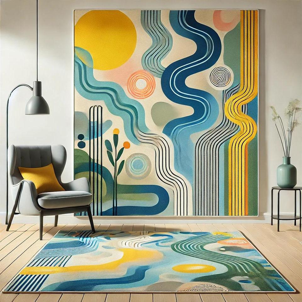 "A modern rug with abstract patterns in bright blues, yellows, and greens, displayed in a minimalist living room."