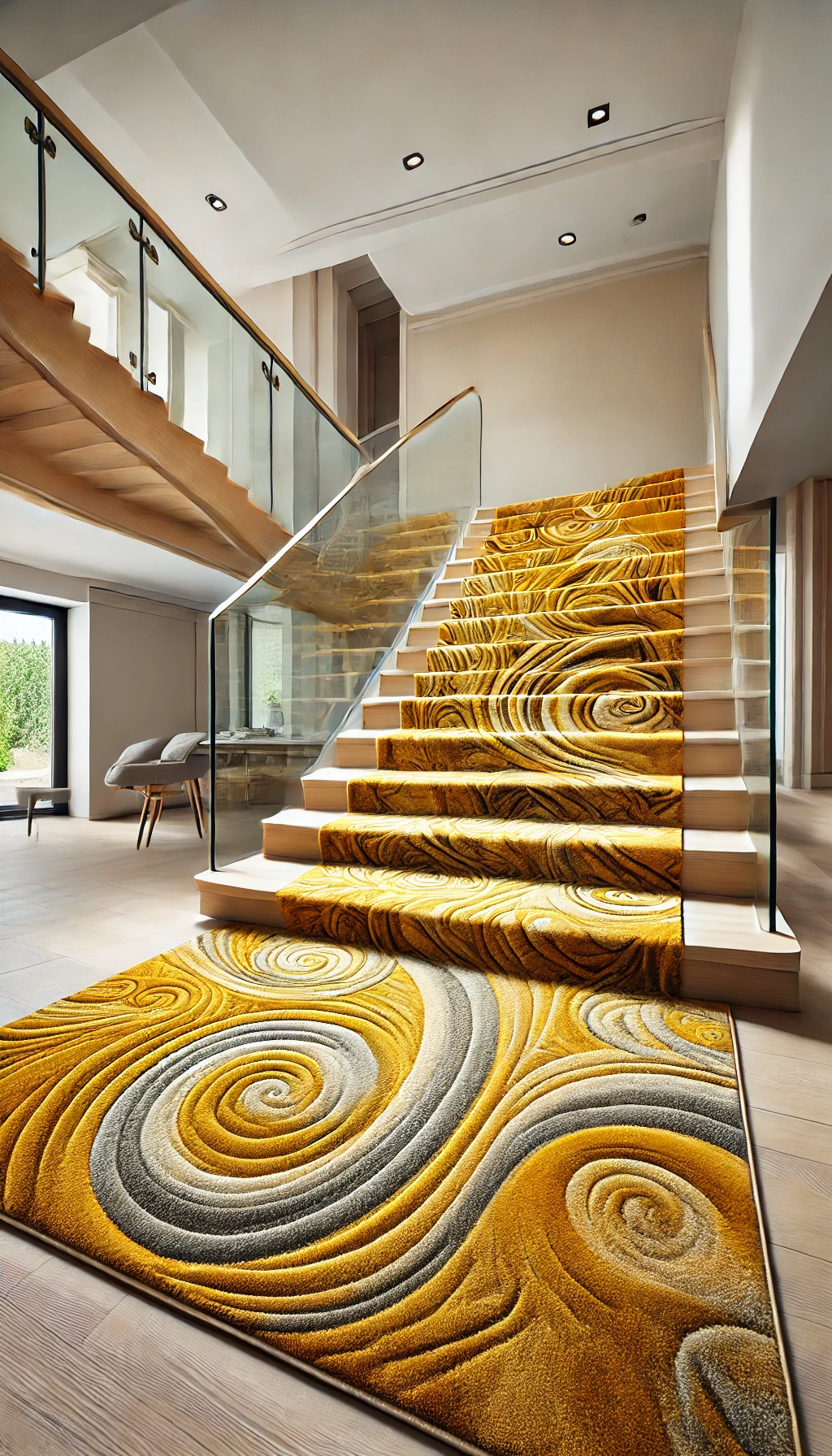 "A contemporary staircase with a custom carpet runner in rich golden yellow, featuring abstract swirl patterns, glass railings, and light wooden steps."