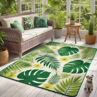 A tropical PET carpet with leaf patterns in green and yellow hues, placed in a bright sunroom with wicker furniture and potted plants.