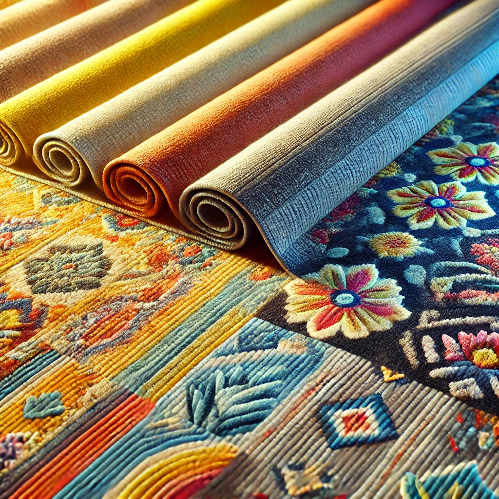 A colorful image showcasing carpets with different colors and patterns. The left side features a dark-colored carpet with a subtle pattern that effectively hides dirt and stains, ideal for high-traffic areas. The right side displays a light-colored carpet with a plain design, showing its tendency to reveal dirt and wear more easily. The image is vibrant and well-lit, emphasizing the practical benefits of darker colors and patterns for maintaining a clean appearance in high-traffic areas.