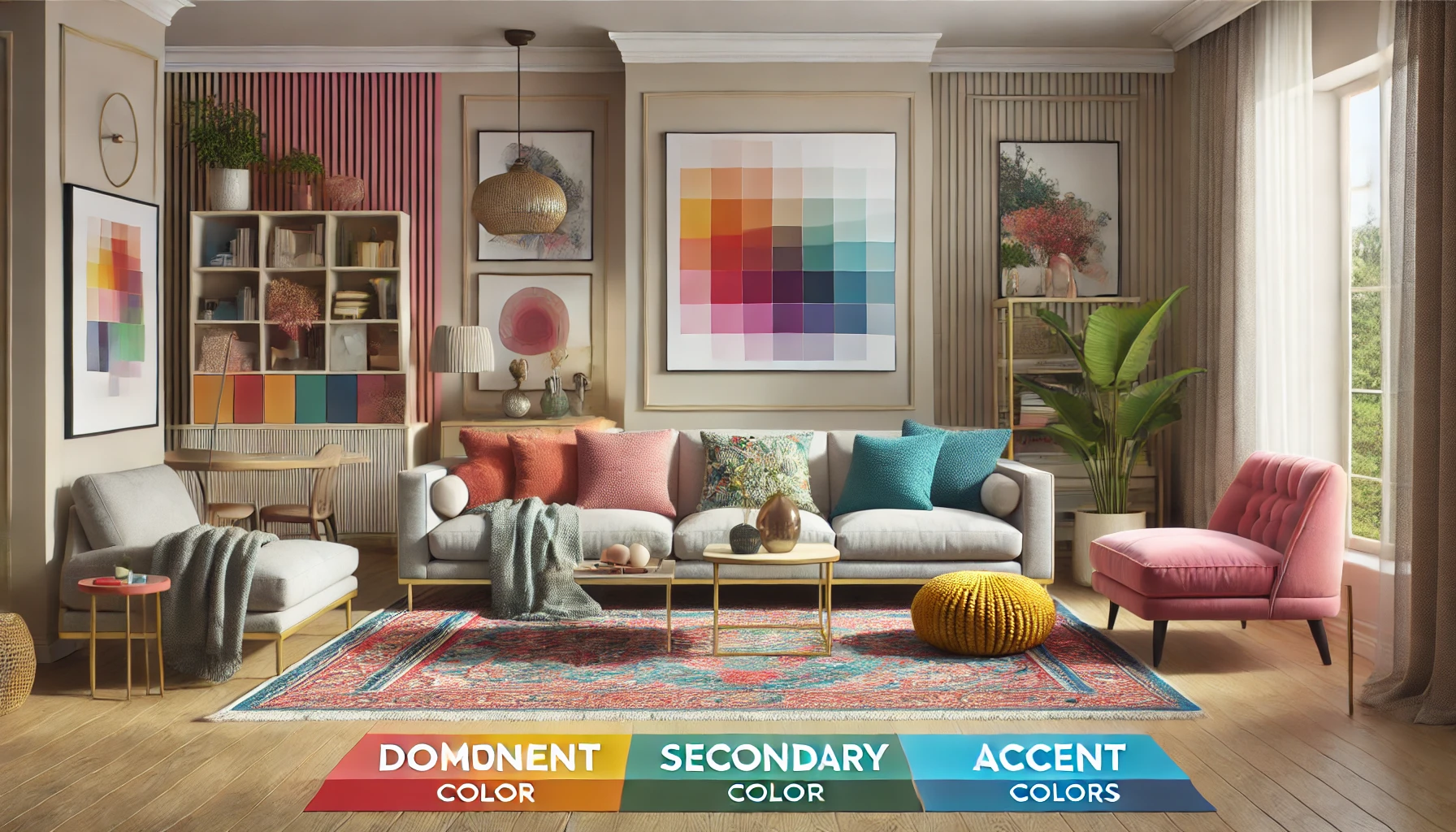 Living room with a colorful carpet, dominant wall color, secondary furniture color, and accent colors in cushions and artwork, following the 60-30-10 rule.