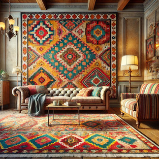 A colorful kilim carpet with geometric patterns in a vintage-style living room with antique furniture and warm lighting.