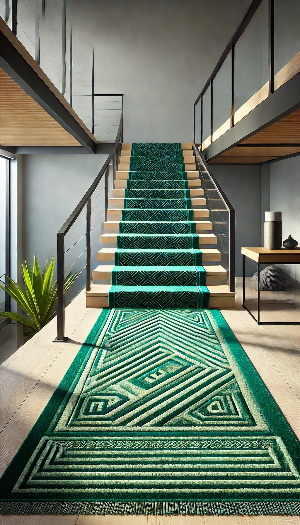"A modern staircase with a custom carpet runner in vibrant emerald green, featuring geometric patterns, sleek metal railings, and minimalist décor."