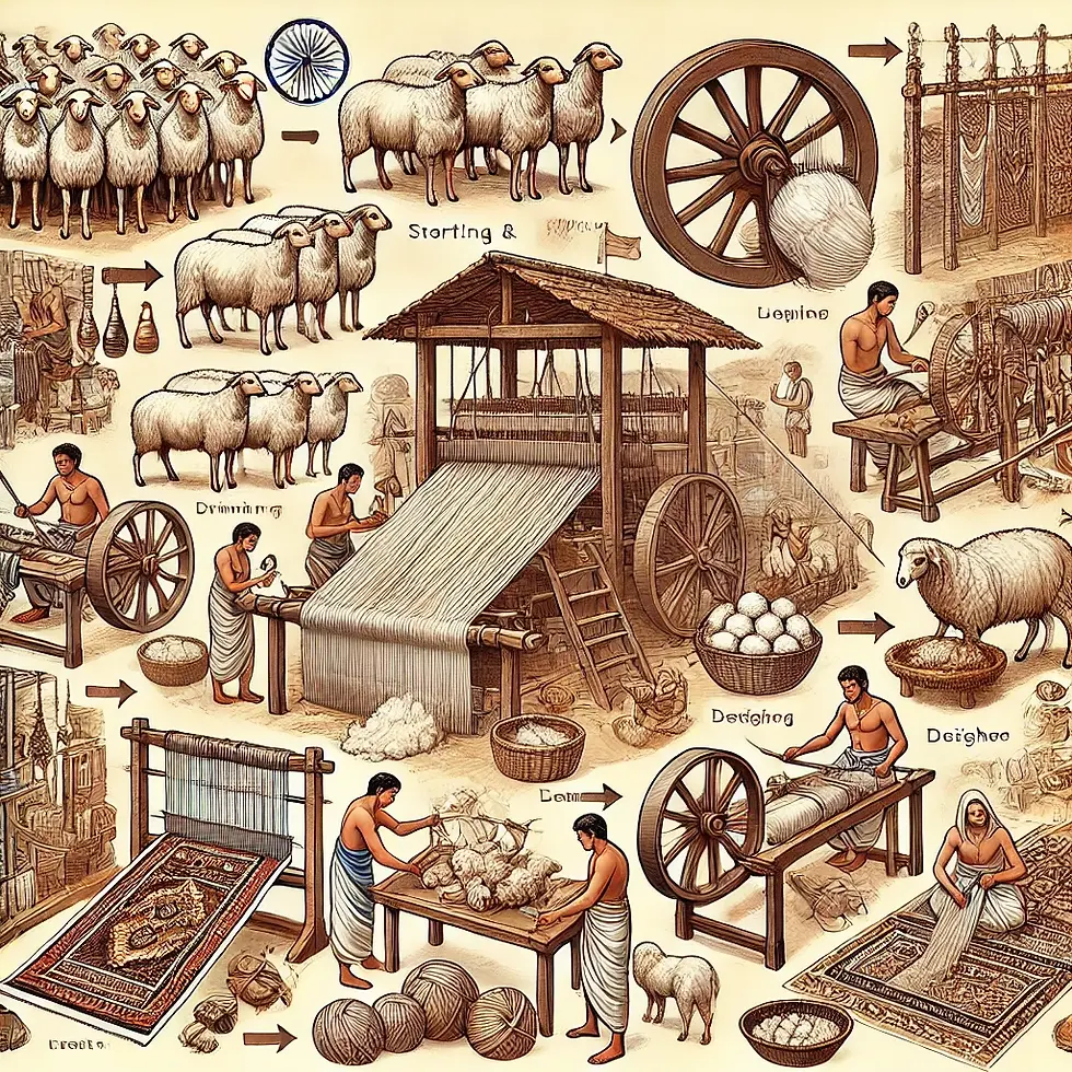 Illustration depicting the journey of an Indian carpet from shearing wool to weaving the finished product, showcasing artisans at work in a traditional Indian village.