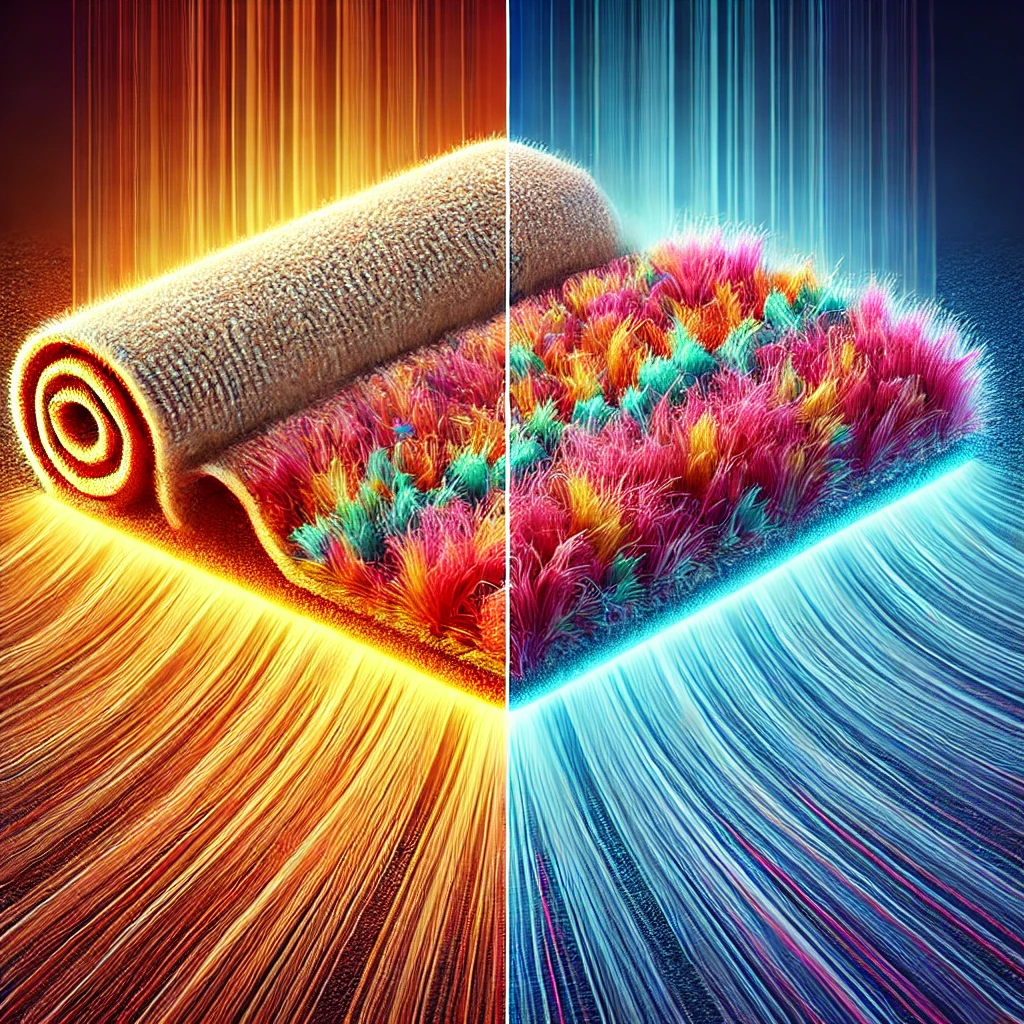  A vibrant image illustrating the importance of carpet fiber density. The image shows two carpet samples side by side: one with low density fibers and one with high density fibers. The low density carpet appears sparse and worn, while the high density carpet looks thick and plush, demonstrating its superior durability. The image is well-lit and colorful, highlighting the benefits of higher density carpets for high-traffic areas.