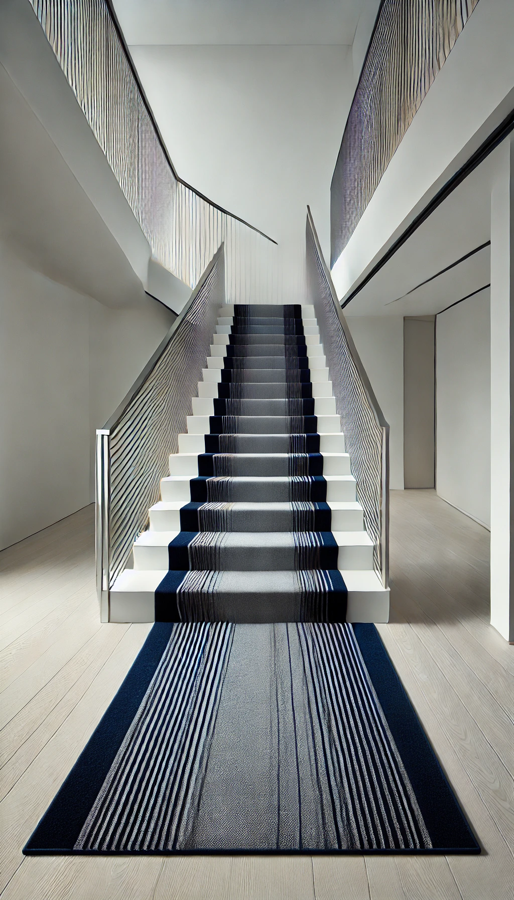"A modern staircase with a custom carpet runner in deep navy blue, featuring minimalist linear patterns, stainless steel railings, and white walls."