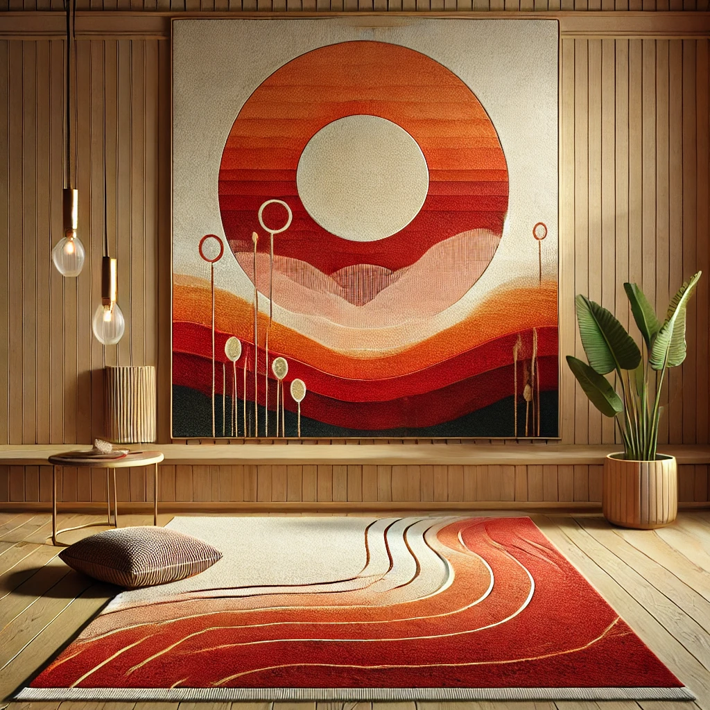Custom-made rug with orange and red shades in a modern abstract design.