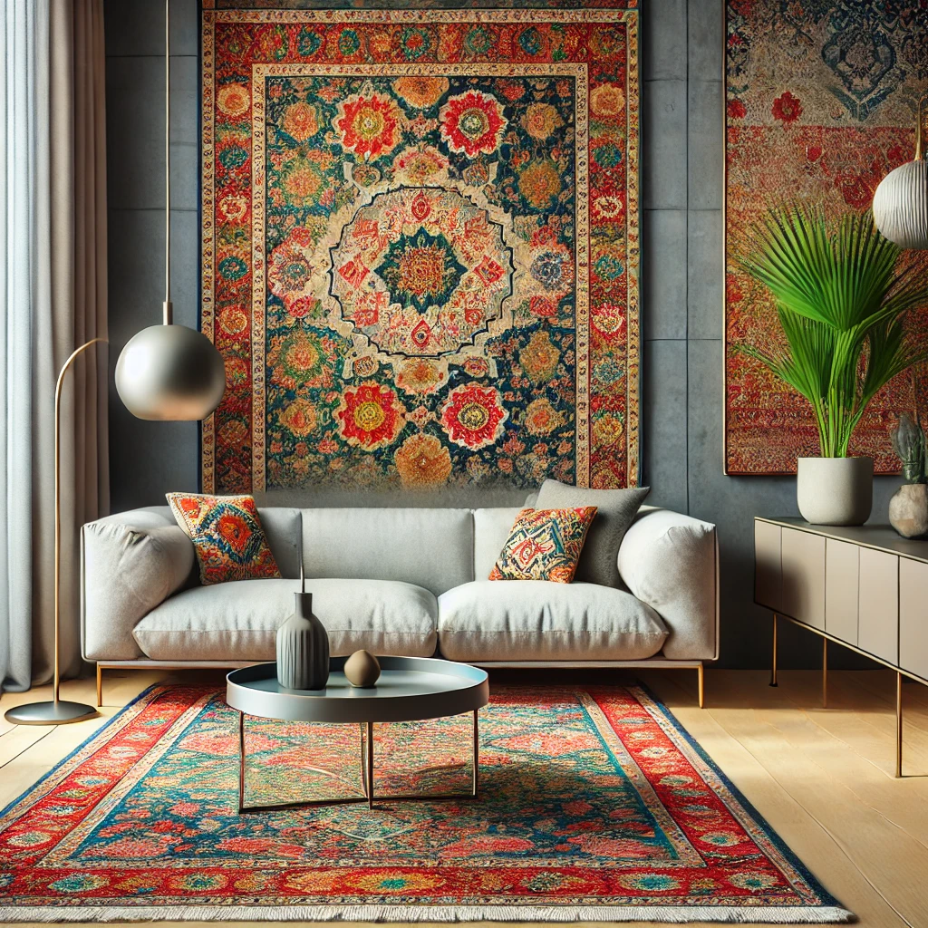  A modern living room with a vibrant Persian rug paired with neutral-colored furniture and decor. The contrast creates a captivating and lively atmosphere, with the rug's intricate patterns and rich colors adding warmth and character to the space.