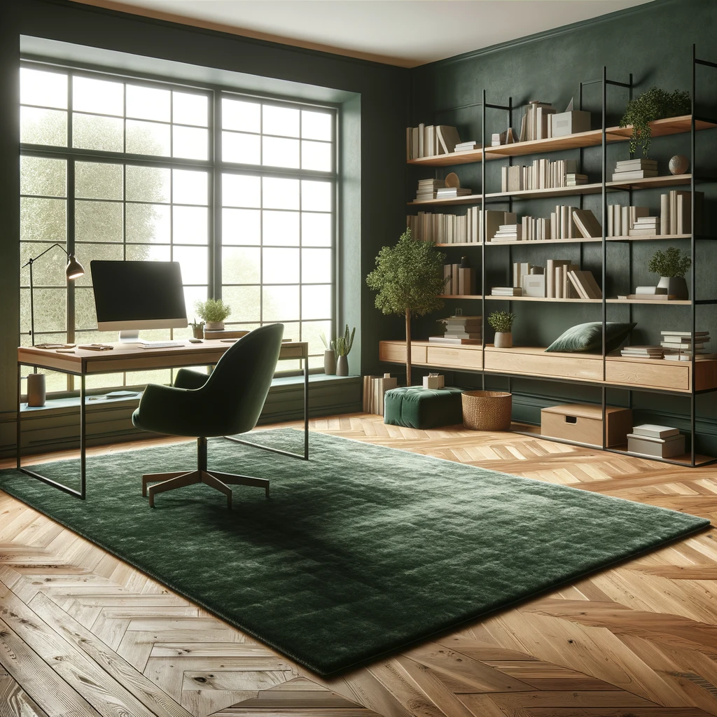 Home office with a deep forest green rug, wooden desk, bookshelves, and large windows.
