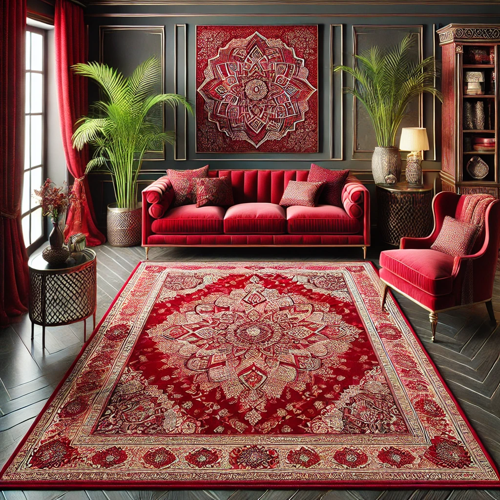 Custom-made ruby red rug with a traditional pattern.