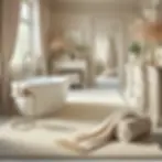 A serene bathroom interior featuring a light gray carpet, soft beige walls, and natural wooden accents, creating a relaxing and clean ambiance.