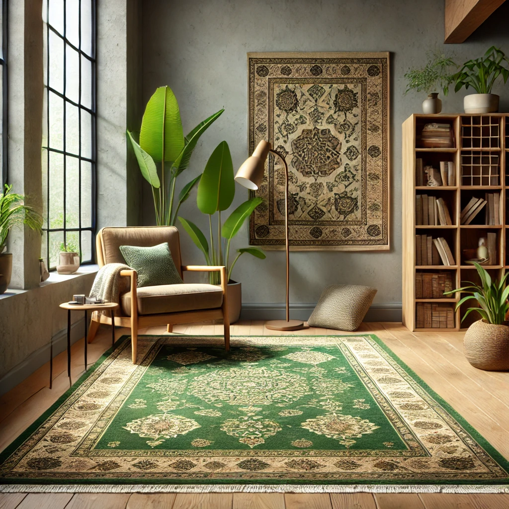 Reading nook with an olive green rug, comfortable armchair, bookshelf, and indoor plants.