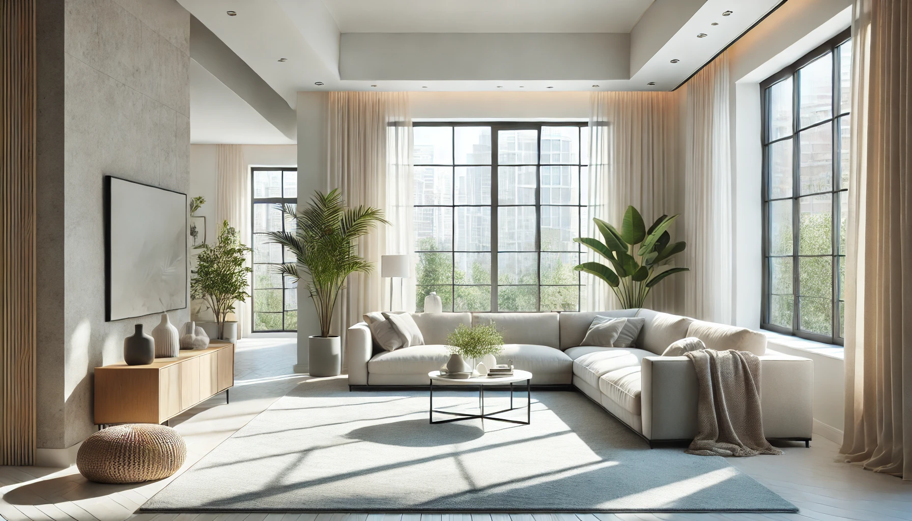 Spacious living room with large windows, natural light, light-colored carpet, modern sofa, coffee table, and minimalistic décor with indoor plants.