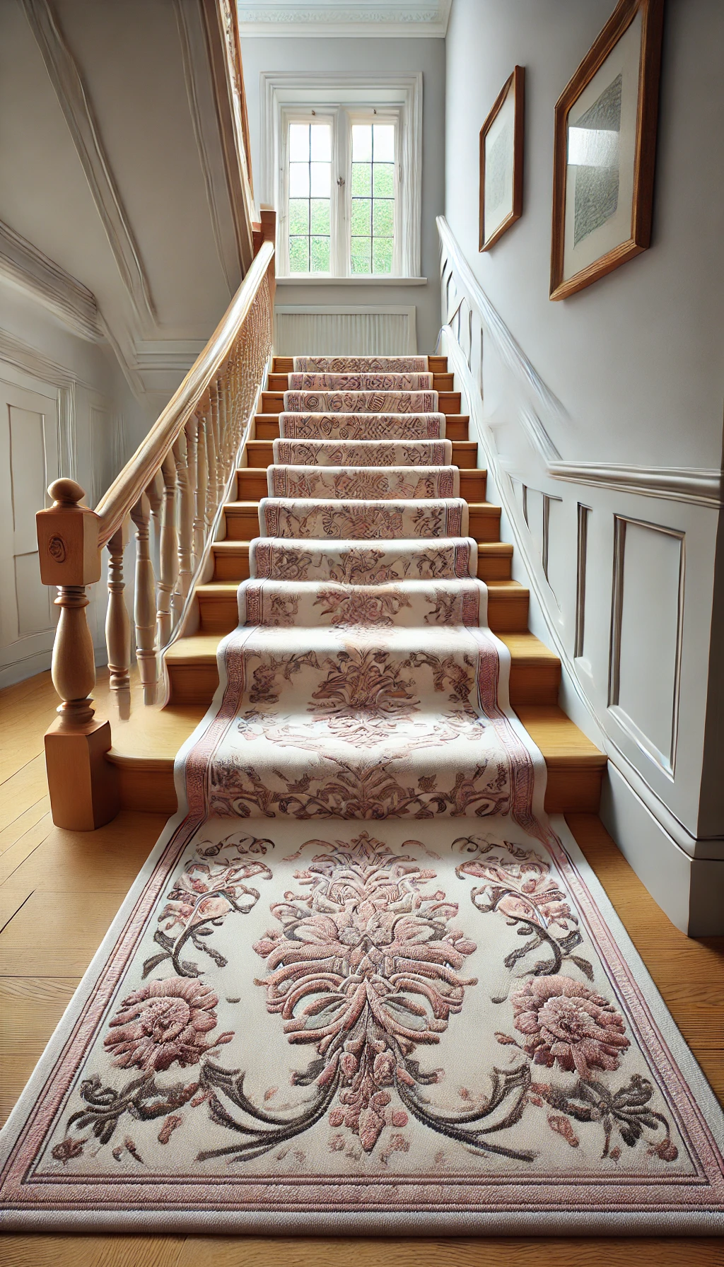 "A traditional staircase with a custom carpet runner in soft pastel pink, featuring delicate Victorian patterns, wooden railings, and light grey walls."