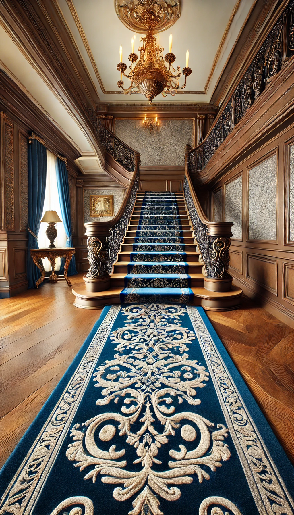 "A grand staircase with a custom carpet runner in royal blue, featuring elegant damask patterns, ornate wooden railings, and rich wall paneling."