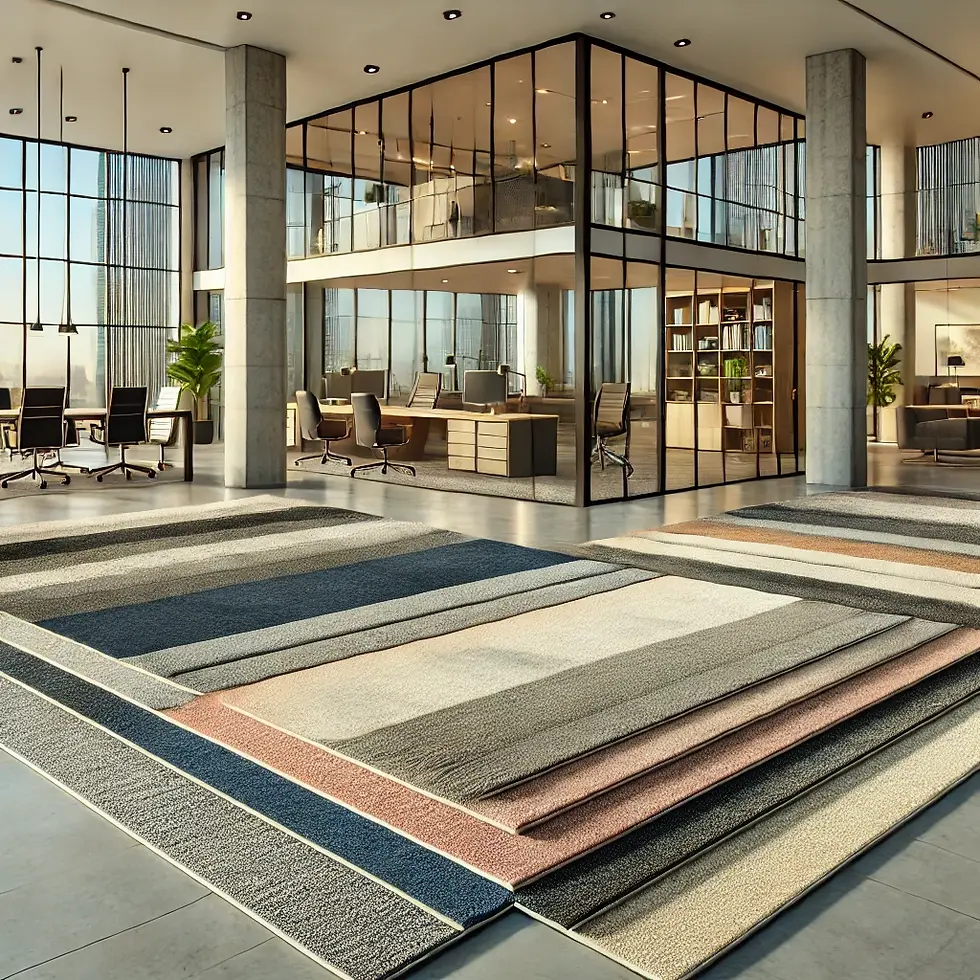 A modern commercial office space displaying different carpet types, including broadloom, carpet tiles, and cut pile carpets, each with distinct colors and textures. The bright environment features neutral walls, large glass windows, desks, chairs, and a reception area, illustrating how each carpet type fits into the commercial design.