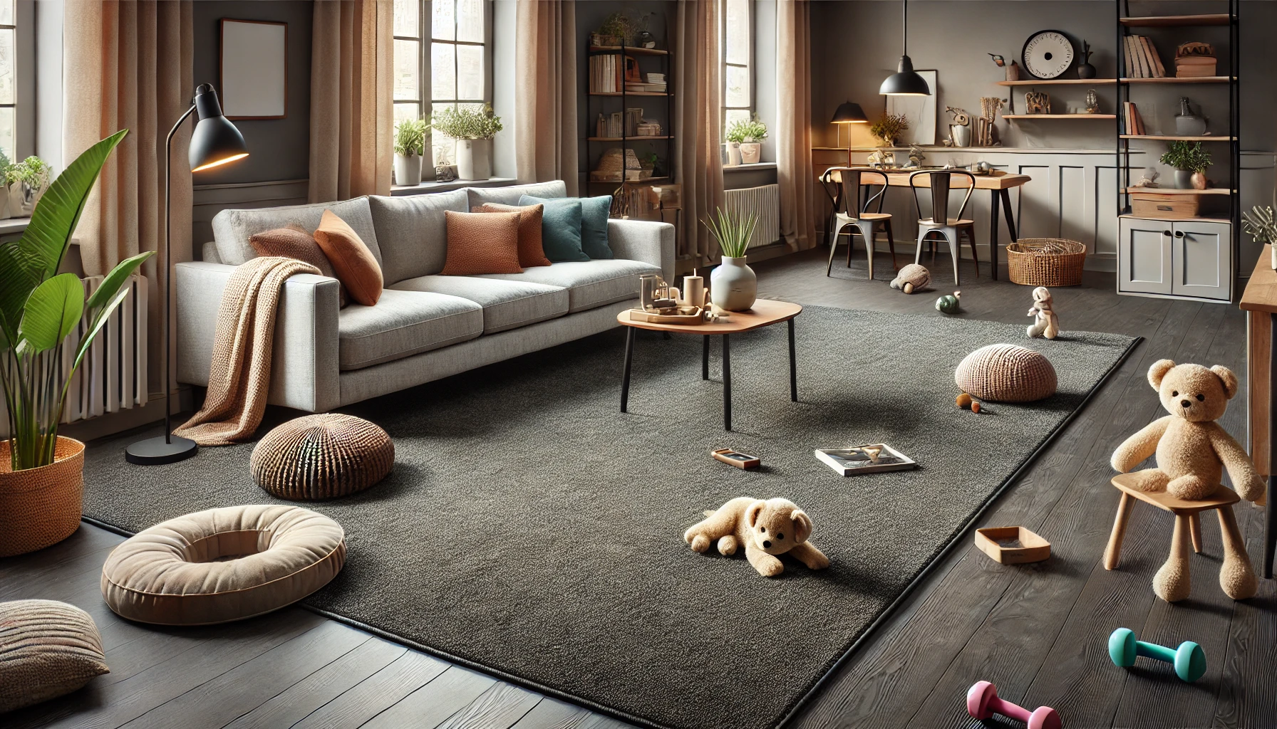 Busy living room with dark-colored carpet, comfortable sofa, coffee table, children's toys, pet bed, and practical yet stylish décor.