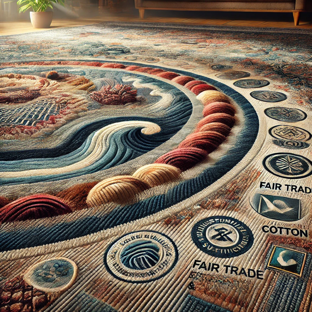A carpet made from ethically sourced natural fibers like wool, silk, and cotton, featuring rich textures and natural colors. The well-lit setting highlights the quality and craftsmanship, with elements indicating fair trade practices and ethical sourcing, conveying sustainability in carpet making.