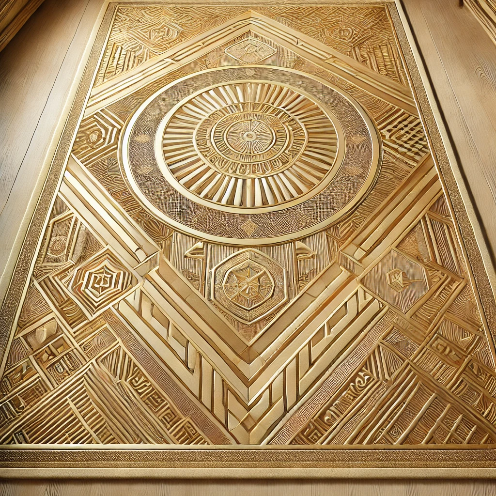 Custom-made rug in golden hues with a modern geometric pattern.