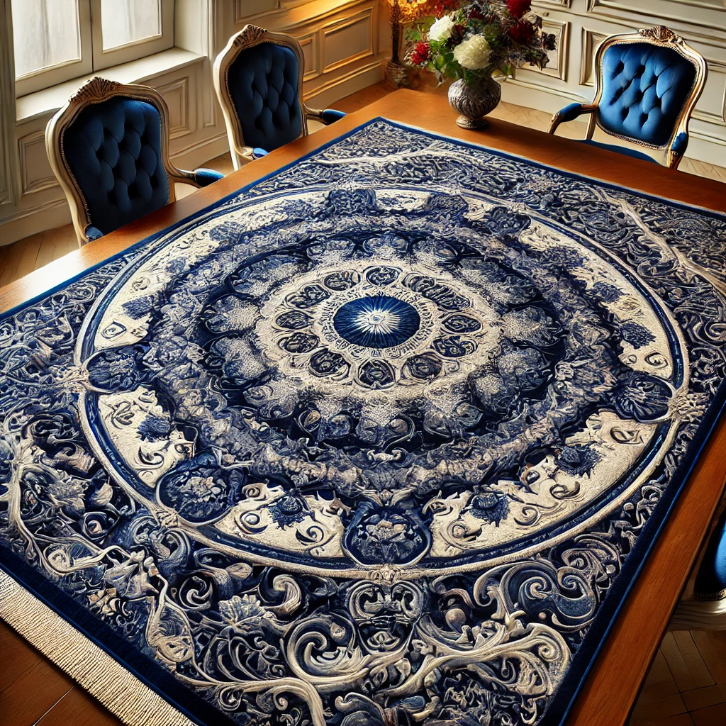  Custom-made royal blue rug with a traditional pattern.