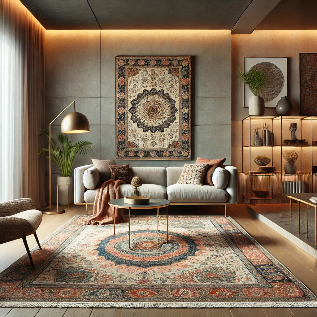 A Persian rug that complements the colors of a modern living room.