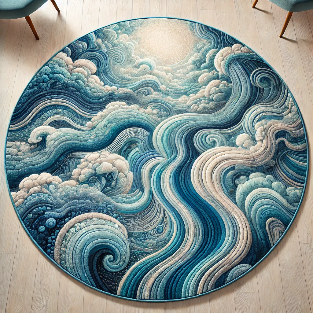 Custom-made rug with shades of blue in an abstract design