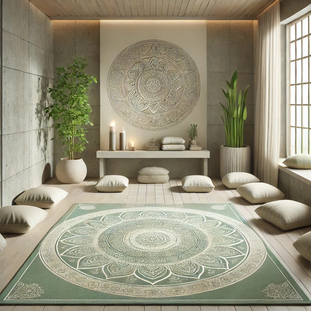 Meditation room with a light green rug, floor cushions, small altar, and indoor plants.