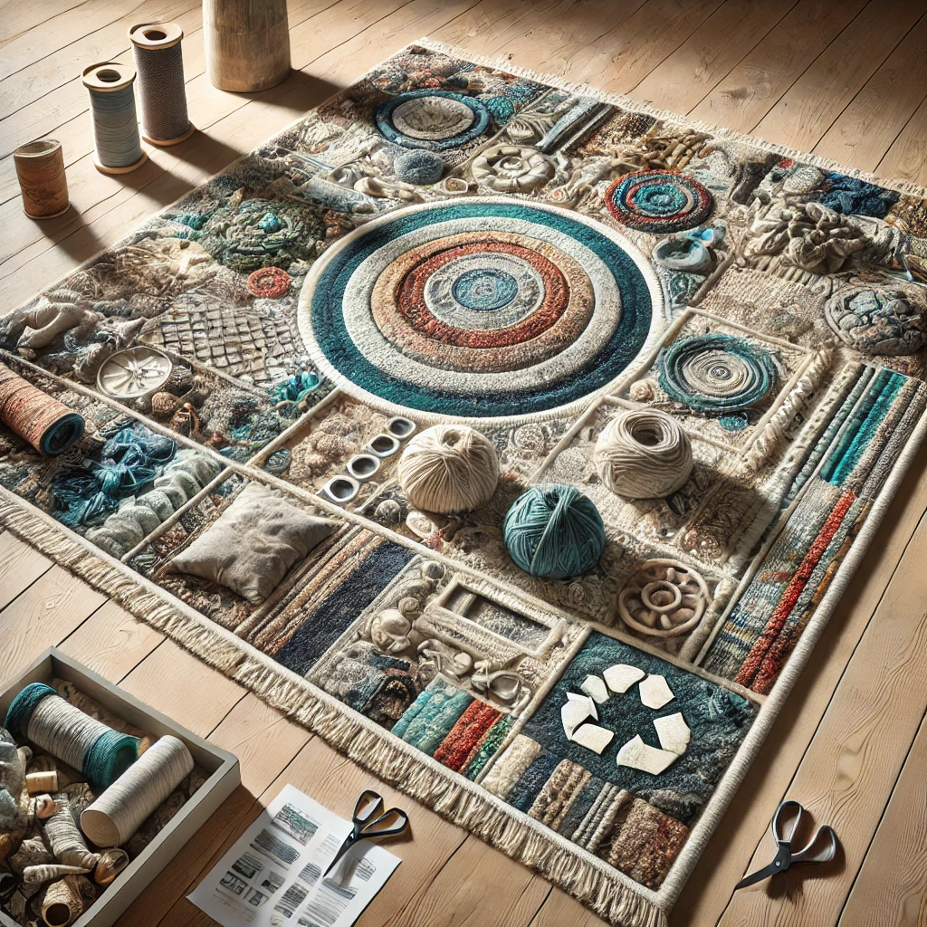 A unique carpet made from recycled and upcycled materials, including old carpets, textile scraps, and plastic waste. The design features a mix of textures and colors, highlighting innovative use and intricate craftsmanship in a well-lit setting.