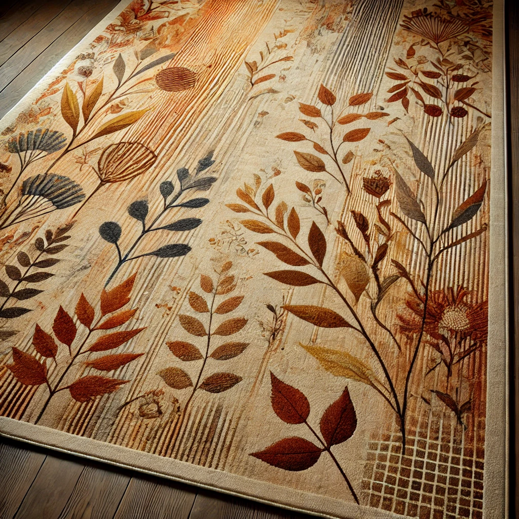 Custom-made rug in earthy tones with an abstract leaf pattern.