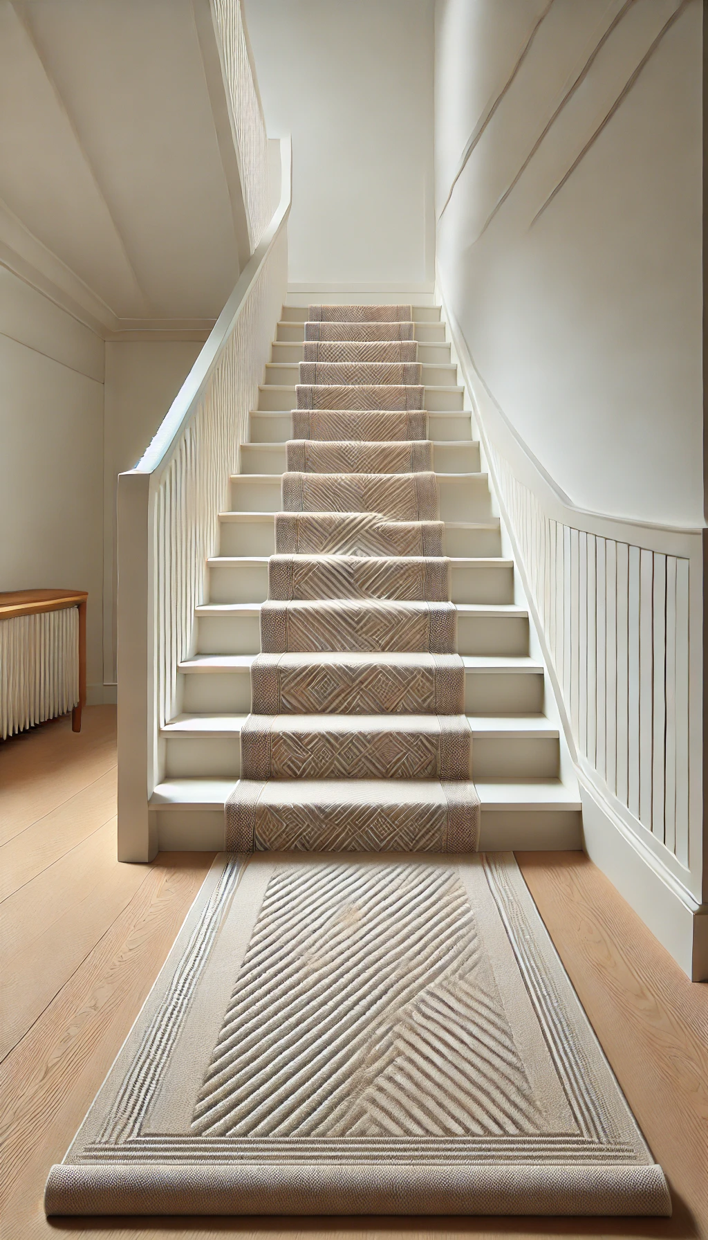 "A modern staircase with a custom carpet runner in elegant purple, featuring intricate floral patterns, sleek metal railings, and white walls."