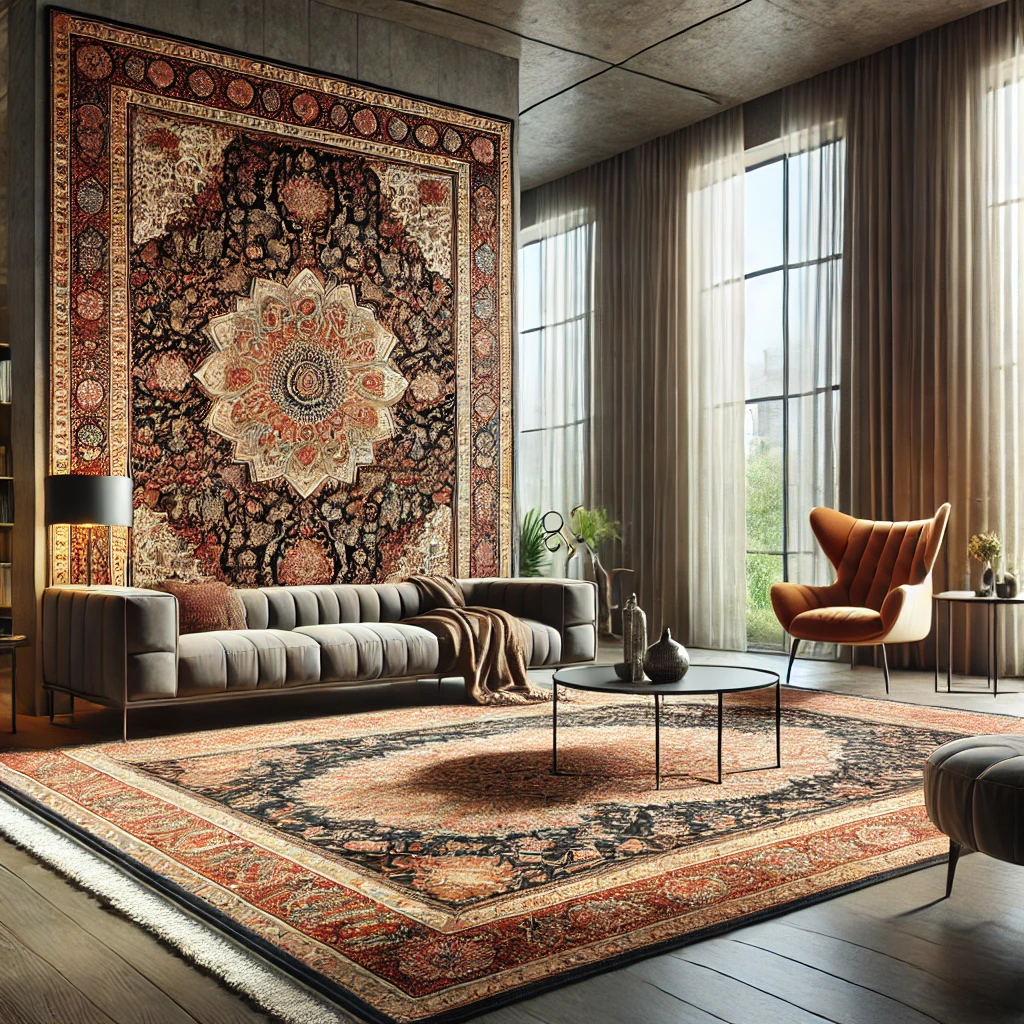 A beautiful Persian rug displayed in a modern living room with sleek furniture, minimalist decor, and large windows letting in natural light. The rug's intricate patterns and rich colors add warmth and character to the contemporary space.