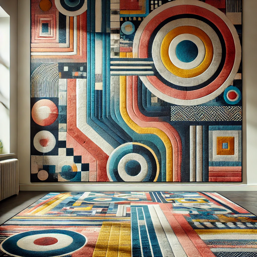 A modern carpet with bold, abstract patterns and vibrant colors, featuring geometric shapes and unconventional color palettes. The bright and beautiful design stands out in a well-lit setting, showcasing its intricate details and modern artistry.