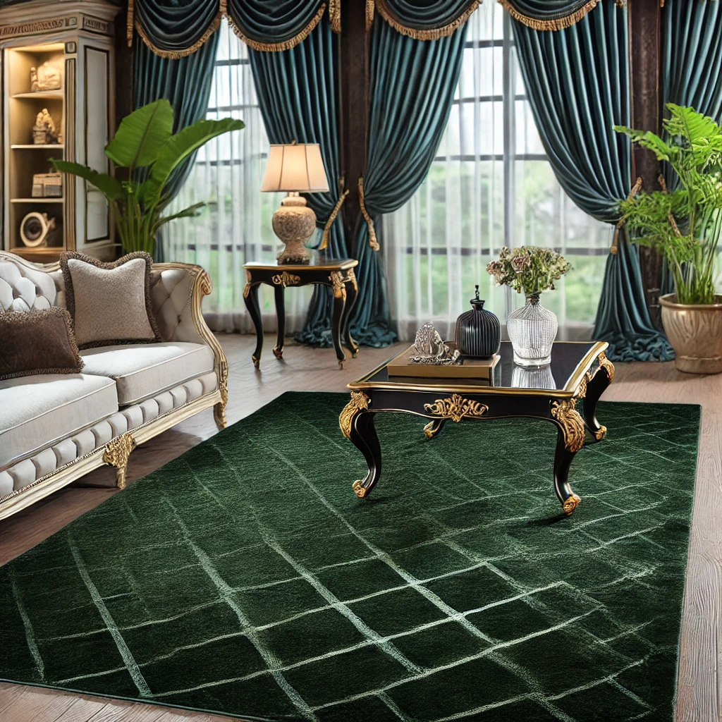 Luxurious living room with a dark green rug, plush sofa, coffee table, and elegant drapes.