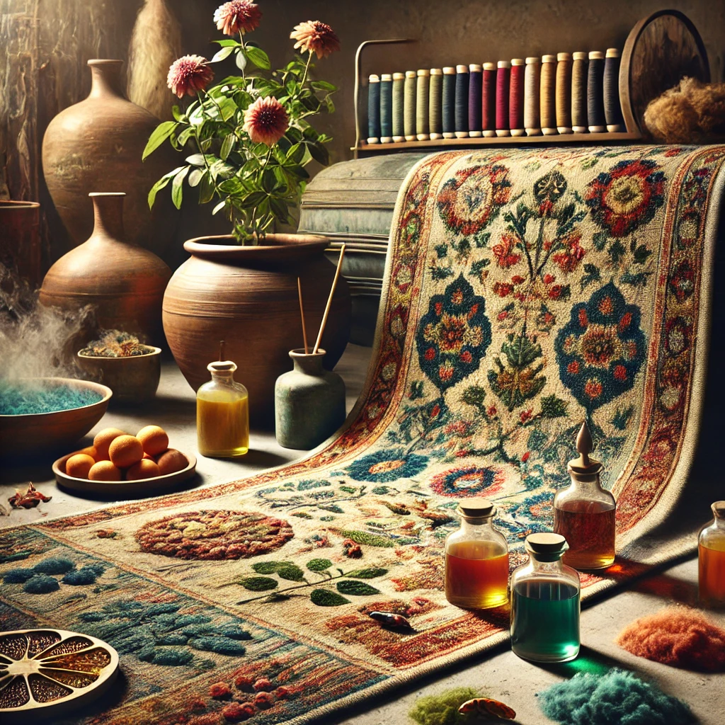 A carpet made using eco-friendly dyes from plants, minerals, and insects, featuring rich, vibrant colors and intricate patterns. The well-lit setting highlights the natural hues, emphasizing sustainability and craftsmanship in carpet making.