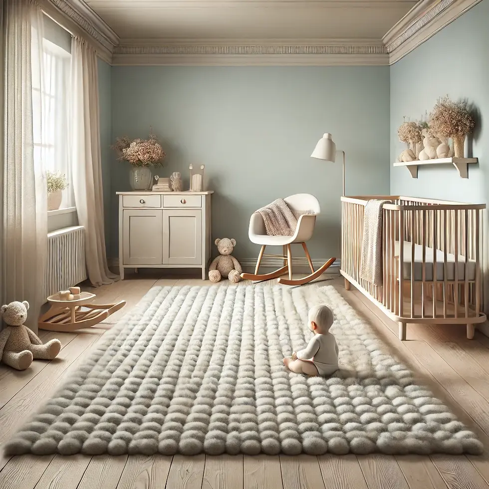 "A cozy nursery room designed for a newborn, featuring a thick, plush hypoallergenic carpet in a neutral color, soft pastel walls, a wooden crib, and a rocking chair, creating a peaceful and nurturing environment."