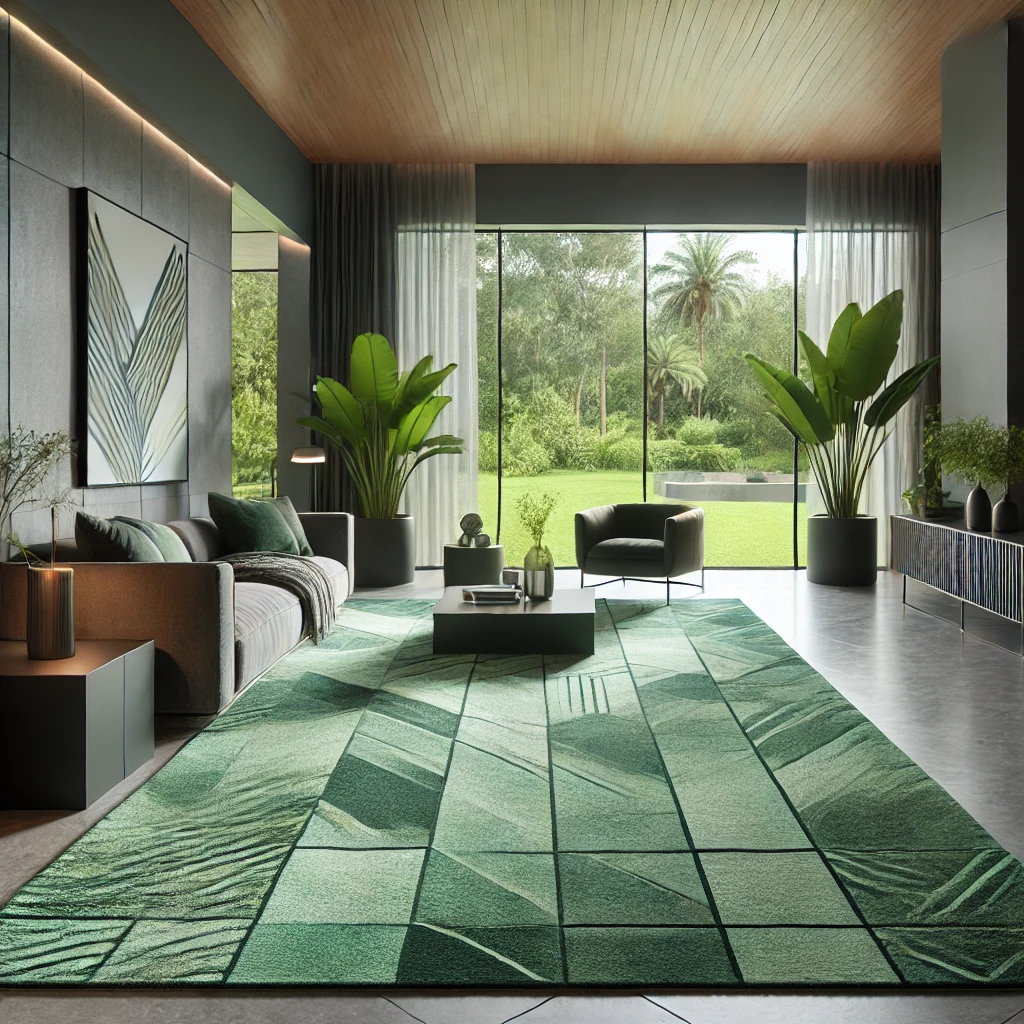  Modern living room with a geometric green rug, sleek furniture, and large windows with a view of nature.