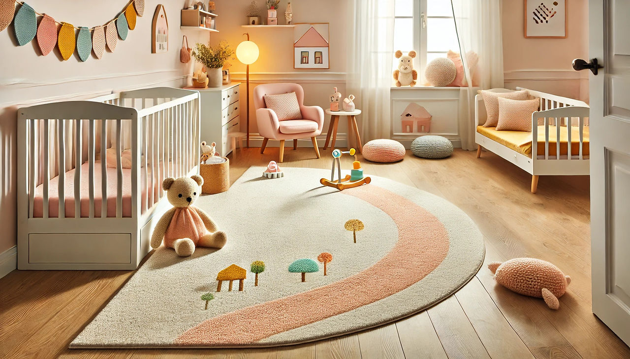 A bright and beautifully designed baby's room with a low-pile carpet in soft pastel colors. The room features playful and cozy furniture, warm lighting, and cheerful décor elements, creating a nurturing and comfortable atmosphere.