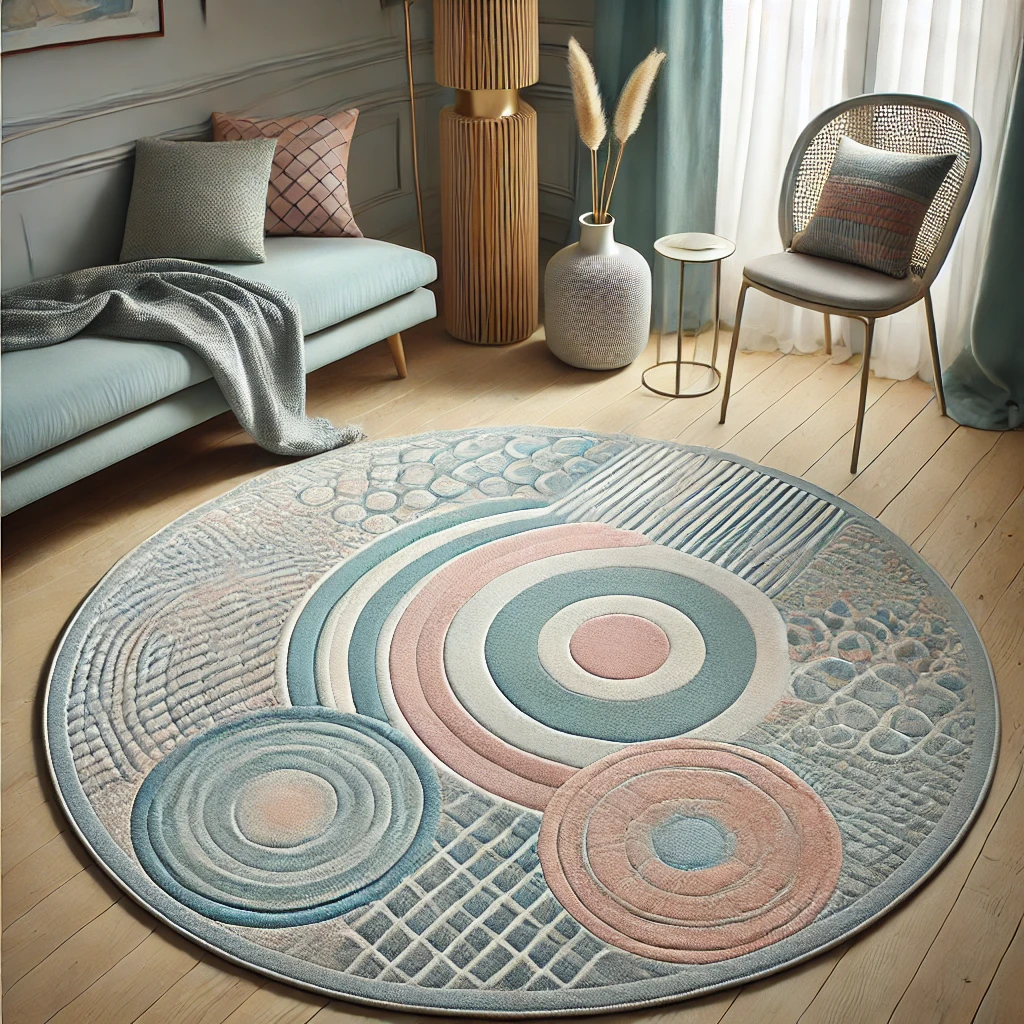 Custom-made rug in soft pastel colors with a contemporary pattern.