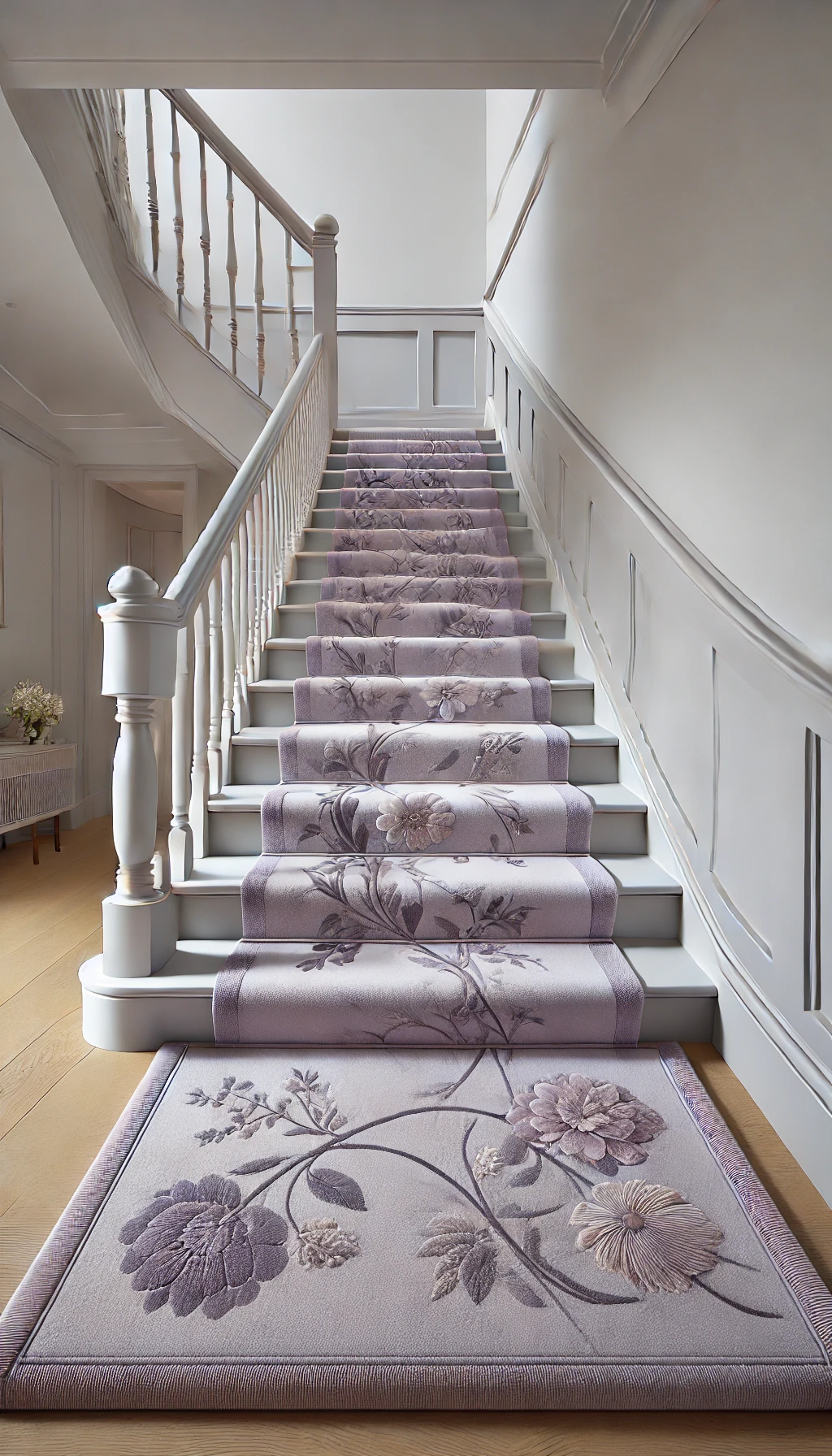 "A stylish staircase with a custom carpet runner in soft lavender, featuring delicate floral motifs, white railings, and light grey walls."